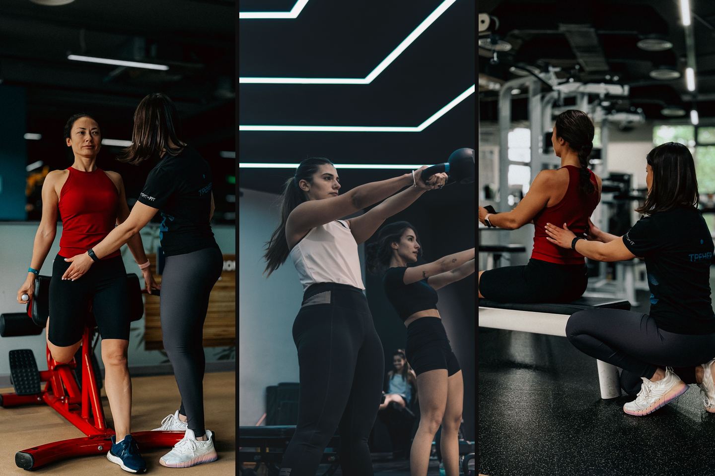 Ba khoảnh khắc tập luyện: PT nữ chỉnh tư thế, hai học viên nữ tập kettlebell, PT nữ hỗ trợ bài kéo cáp